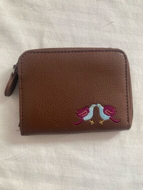Relic Brown Zip Wallet Card Holder with Embroidered Blue & Magenta Birds